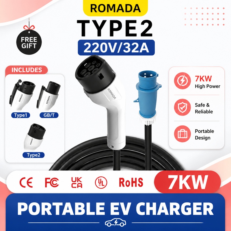 7KW ROMADA Electric Vehicle Po - Portable Ev Charger 32A Type 2 Cee Plug 评论和价格